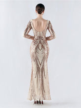 Long Sleeve Sequin V-neck Backless Prom Dress